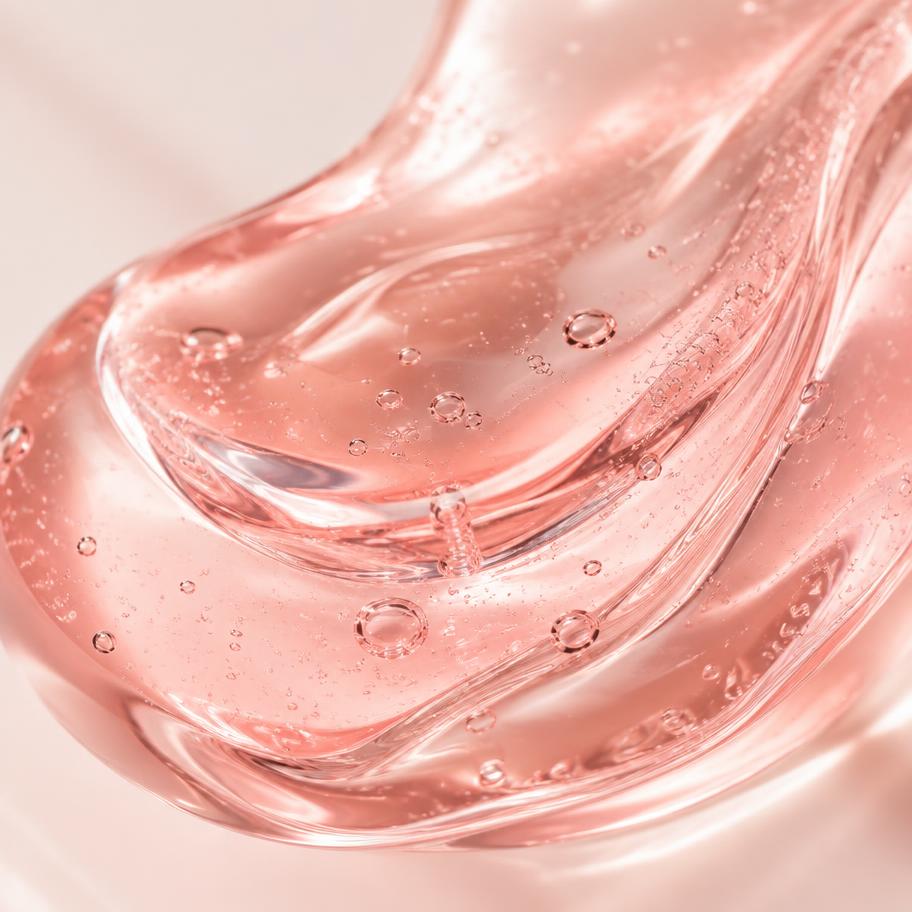 Macro close-up of the clear pink collagen gel formula with suspended microbubbles