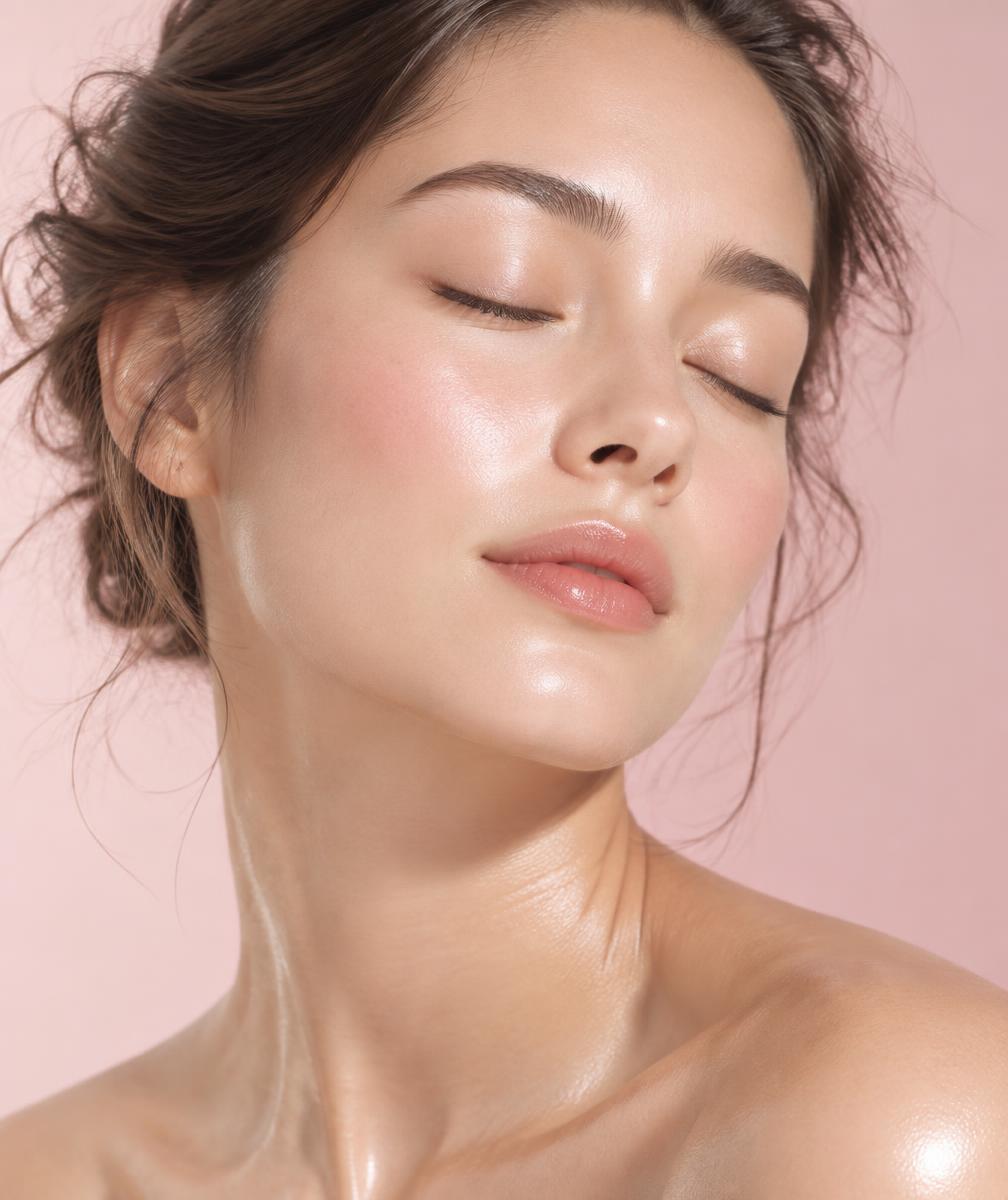 Woman with dewy, glowing glass-skin complexion in soft morning light